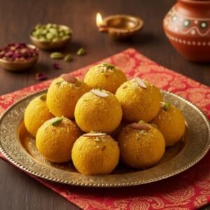 Organic Besan Laddus made with gram flour, pure ghee and jaggery – traditional Indian sweet