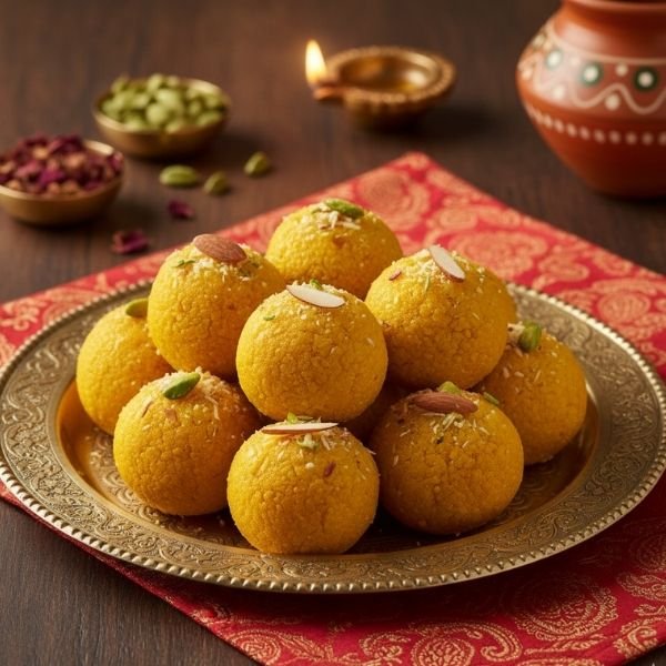 Organic Besan Laddus made with gram flour, pure ghee and jaggery – traditional Indian sweet