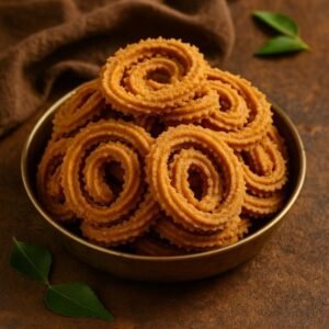 Traditional Chakkuli (Murukku) – crispy spiral Indian snack made with rice flour, gram flour and spices