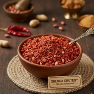 A close-up of vibrant, reddish-brown Dry Shenga Chutney (Peanut Chutney) powder, coarsely ground and visibly containing peanuts, dried chili flakes, and garlic, displayed in a small traditional clay bowl.