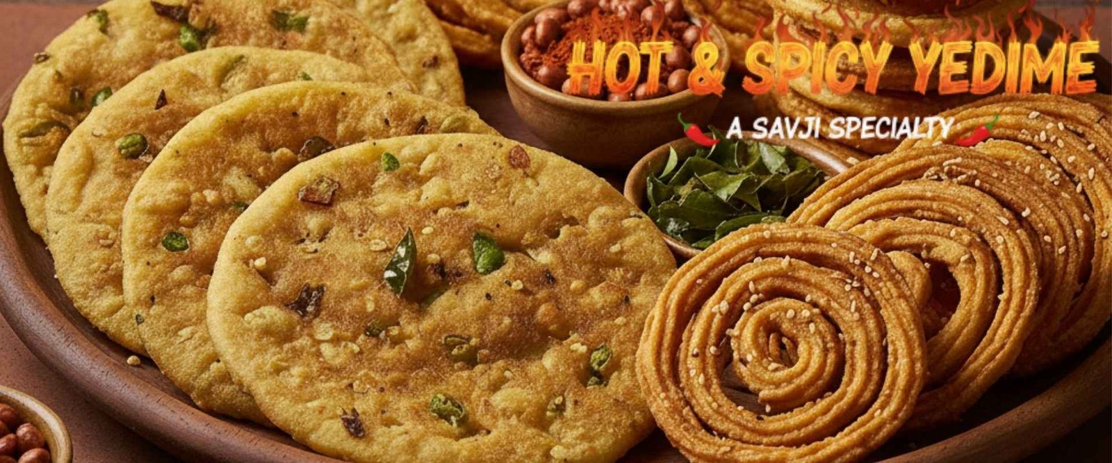 Crispy Yedime mixture and golden Chakli namkeen served in brass bowls – Traditional Indian snack banner